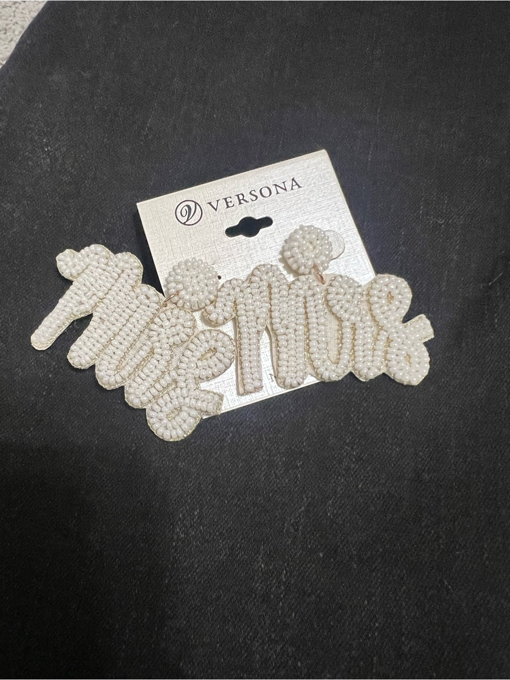 Versona White beaded Script Statement Earrings
